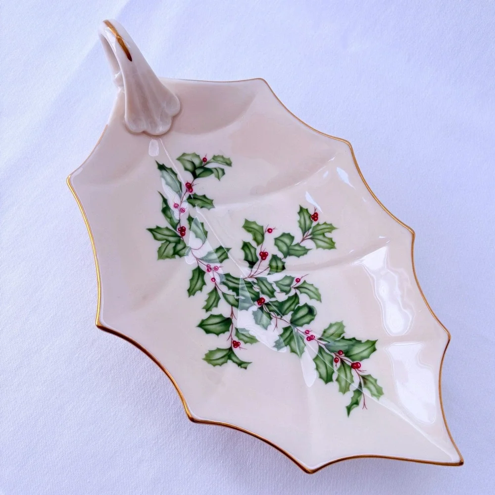 Vintage Lenox Holiday Candle Holder Set & Leaf Dish Gold Trim Holly Berry 3pc